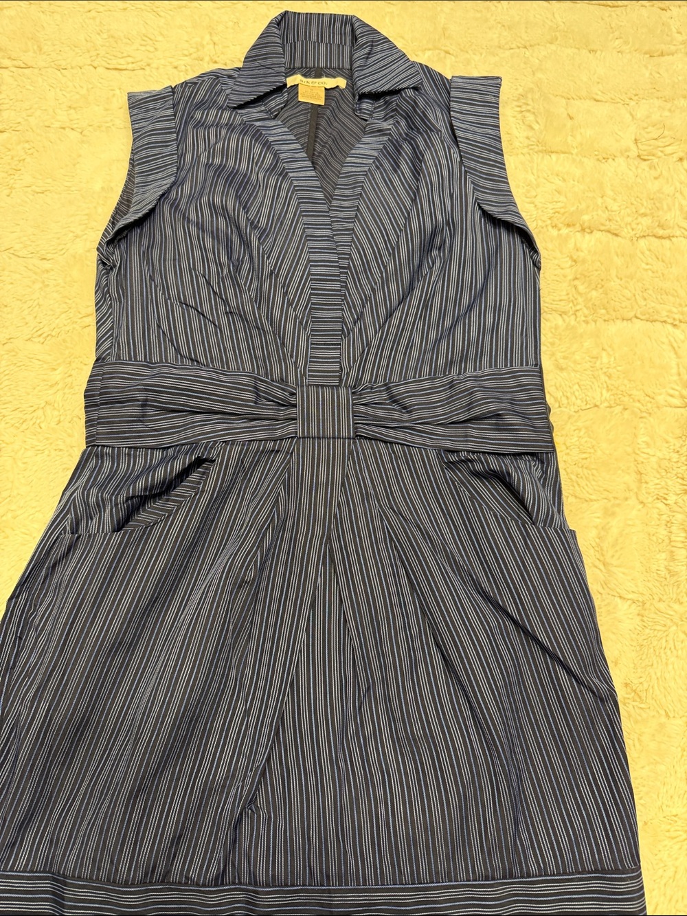 Anthropologie Ark & Co Navy Pinstripe Sleeveless Collared Dress with Waist Tie